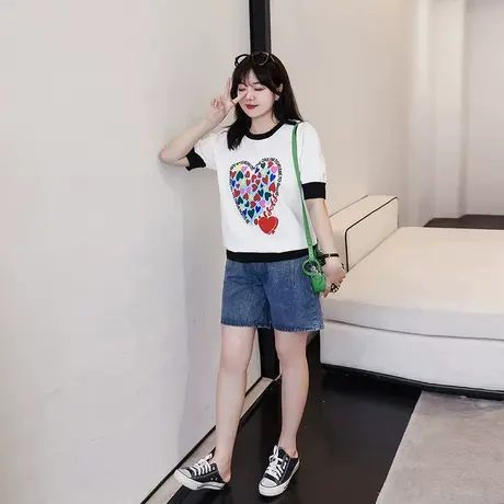 大码女装牛仔短裤女2023年夏季新款胖mm高腰阔腿宽松直筒五分裤图片