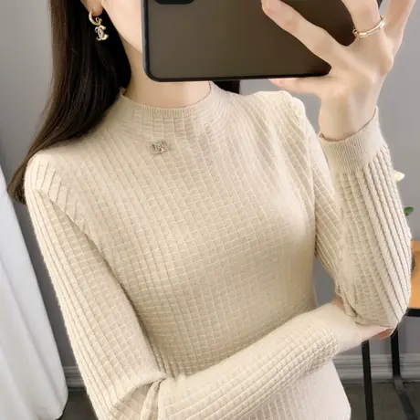 半高领打底衫中领亮丝上衣女2023秋冬新款洋气纯色修身长袖毛衣潮商品大图