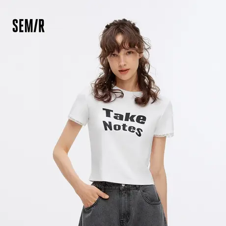 森马短袖T恤女短款修身拼接蕾丝上衣简约秋休闲字母衣服潮流个性图片