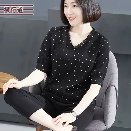 V领宽松碎花短袖2023夏装雪纺衫宽松黑色大码妈妈装外穿洋气小衫图片