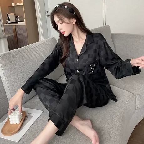浪莎睡衣情侣长袖春秋季冰丝韩版薄款纯色开衫翻领家居服新款套装商品大图