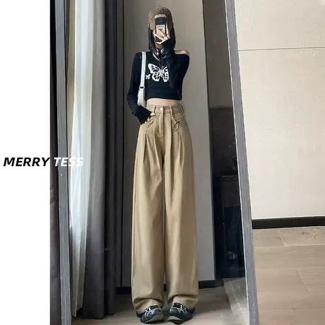 卡其色宽松直筒牛仔裤女秋季2023年新款设计感褶皱垂感百搭阔腿裤商品大图