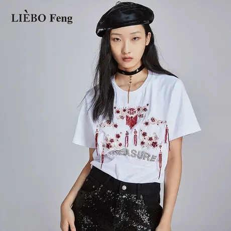 裂帛LIEBOFeng2023年夏设计师立体花朵刺绣国风白色宽松短袖T恤女商品大图
