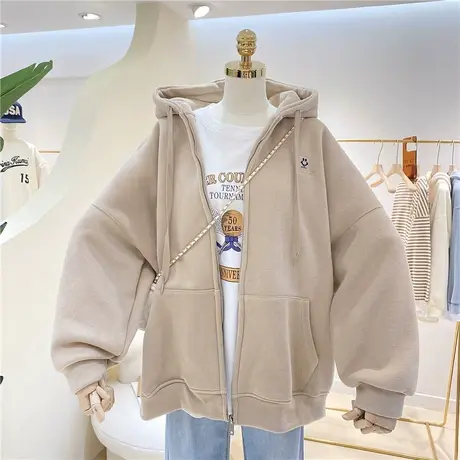 简约刺绣宽松大码纯色百搭春秋薄款慵懒风连帽拉链外套卫衣女开衫商品大图