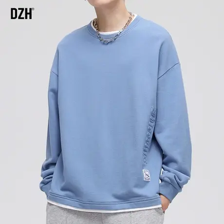 男生圆领假两件字母卫衣男春秋休闲外套潮牌男装2023新款长袖内搭图片