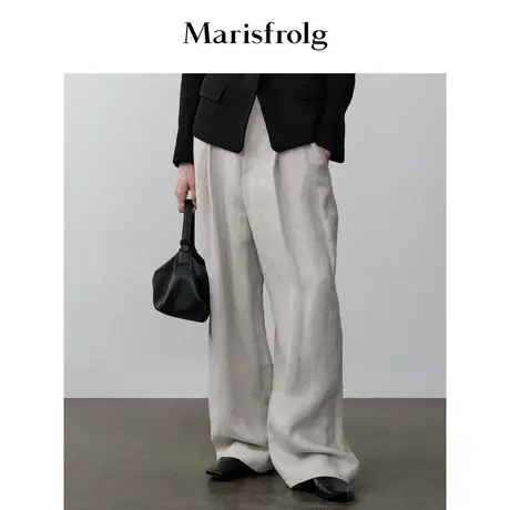 【商场同款】玛丝菲尔2023年冬季新款肌理感亚麻高腰阔腿休闲裤商品大图