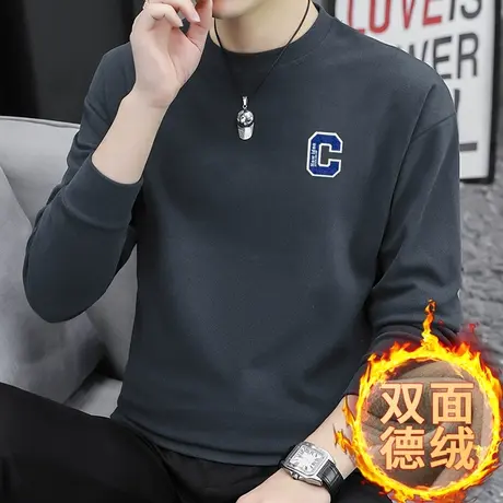 德绒卫衣男2023新款秋冬款潮流宽松德绒双面绒圆领无帽长袖t恤商品大图