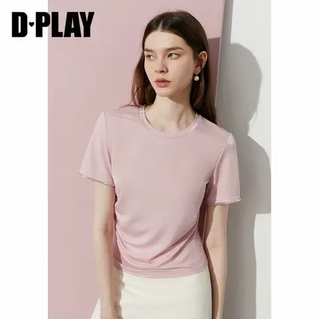 DPLAY【闪钻系列】2025年夏季新款粉色钉钻圆领T恤休闲气质女上衣商品大图
