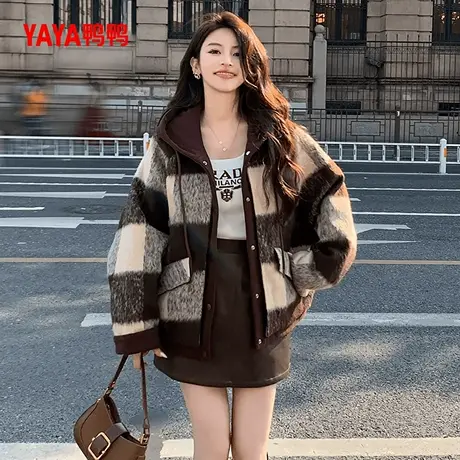 鸭鸭羽绒服女士2025秋冬新品百搭休闲拼色格子连帽短款保暖外套J商品大图