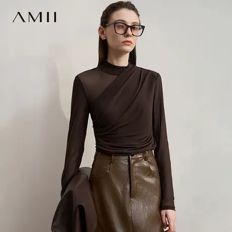 Amii2025秋新款极简气质圆领修身弹力网纱针织透肤打底衫T恤女图片