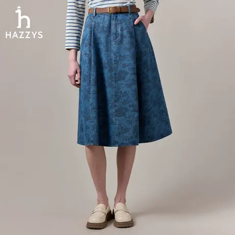 【商场同款】Hazzys哈吉斯2025秋季新品女时尚裙子印花牛仔中长裙图片