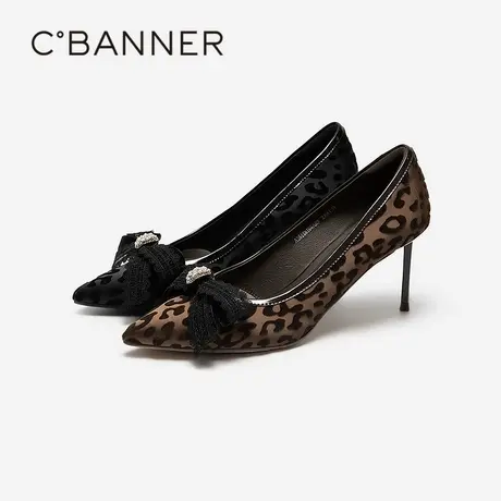 千百度蝴蝶结豹纹超高跟鞋女百搭气质新款细跟法式名媛浅口单鞋图片