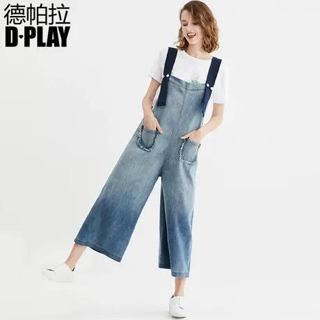 DPLAY德帕拉春款欧美宽松双口袋直筒阔腿裤简约背带牛仔裤图片