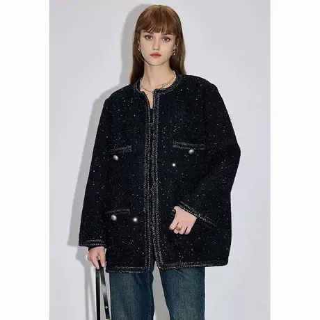 爵莱菲大码胖mm轻奢小香风短款外套女2025秋季新款亮片宽松显瘦商品大图