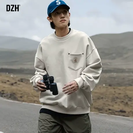 男士杏色圆领卫衣男春秋款重磅2023新款美式长袖上衣休闲百搭外套商品大图