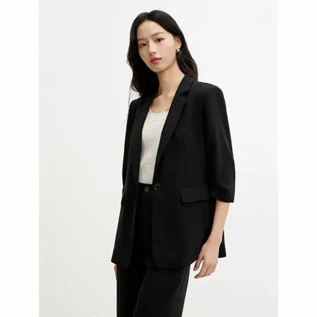 JUZUI玖姿驳领正肩抽褶七分袖三醋酸西装女2026春季新款JLGC40101商品大图