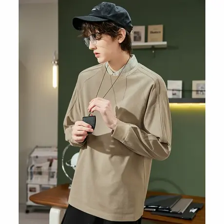 唐狮春秋季圆领长袖T恤男士小众设计感纯色早秋穿搭休闲风TMTA图片