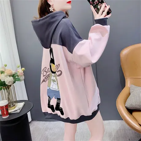 中长款拼色连帽卫衣女春季2023年新款宽松慵懒风洋气时尚爆款外套商品大图