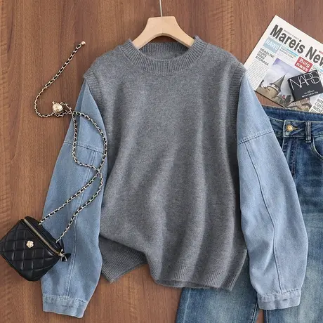 2023秋冬新款韩版宽松圆领拼接牛仔袖针织衫女士百搭网红毛衣打底商品大图