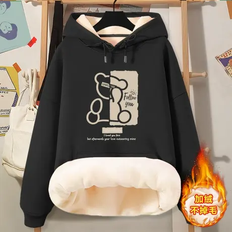 2023年新款连帽卫衣女秋冬加绒款设计小众风大码宽松秋冬加绒上衣图片