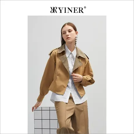YINER音儿专柜女装2022春季新款短款拉链式格纹翻领风衣商品大图