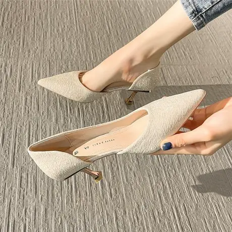 高跟鞋女细跟2023年新款秋冬季法式气质婚鞋名媛软皮侧空尖头单鞋商品大图