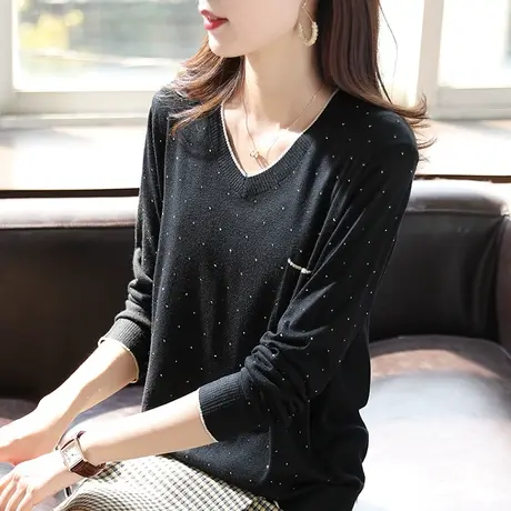 宝诗黎V领钉珠针织衫女2023秋季新款修身显瘦毛衣气质百搭打底衫商品大图