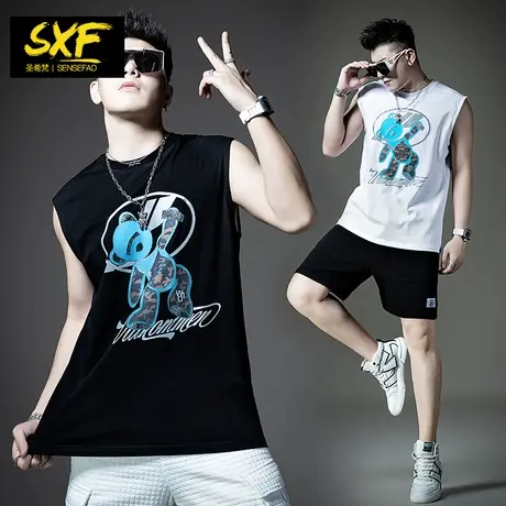 SXF圣希梵背心男 2023夏季新款渐变小熊印花无袖T恤圆领男士坎肩商品大图