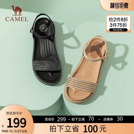 骆驼女鞋2023夏季新款水钻一字带凉鞋女运动平底沙滩凉鞋女图片