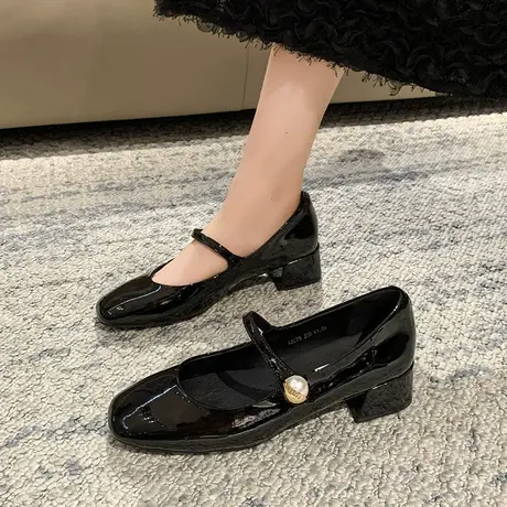 法式玛丽珍鞋女2023年春秋季新款配裙子小香风单鞋粗跟浅口小皮鞋商品大图