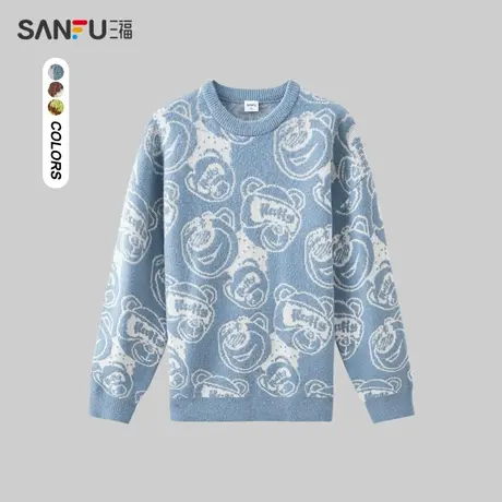 三福2023冬男士满版熊头包芯纱毛衣 趣味宽松圆领上衣男478133商品大图