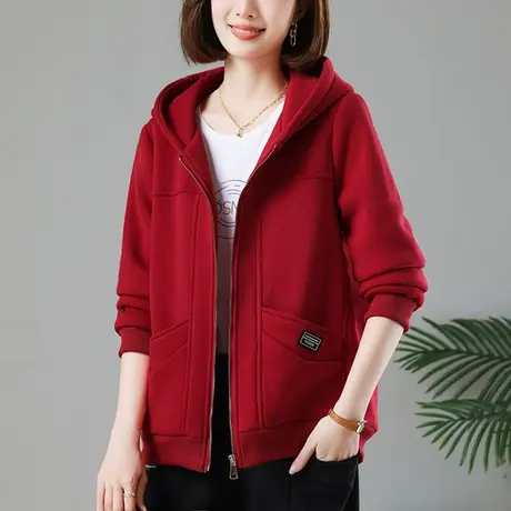 妈妈连帽拉链卫衣外套女春秋季宽松加大码女装中老年休闲带帽上衣商品大图