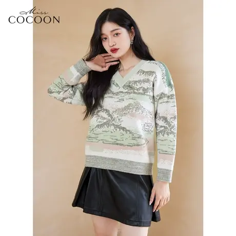 miss COCOON高级感水墨画毛衣女2023新款春装提花宽松V领毛针织衫商品大图