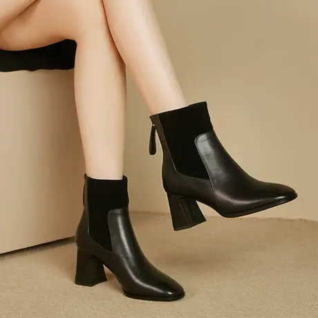 牛皮靴子女2023新款秋冬季加绒松紧拉链欧美复古风粗高跟显瘦短靴图片