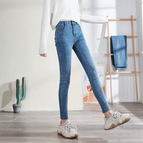 唐狮黑色加绒牛仔裤女高腰秋冬季新款裤子保暖紧身显瘦小脚裤潮图片