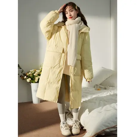 唐狮菱形格棉服女冬季连帽百搭大口袋设计秋冬中长款棉衣加厚图片