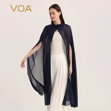 VOA真丝乔其黛蓝色暗扣不对称设计荷叶边披肩斗篷式桑蚕丝外套商品大图