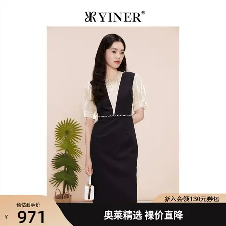 YINER音儿女装2023夏季新款法式钉钻圆领公主袖连衣裙图片