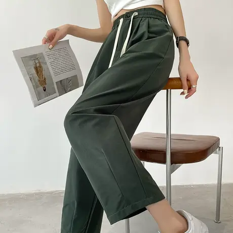 绿色九分阔腿裤女春秋新款大码胖mm高腰显瘦哈伦直筒宽松休闲裤子商品大图