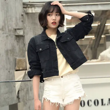 新款百搭牛仔外套女装宽松春秋韩版潮学生上衣黑色超短款9320商品大图