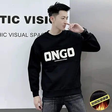 美式字母印花潮牌卫衣男秋冬新款个性拼接加绒加厚长袖打底衫上衣图片