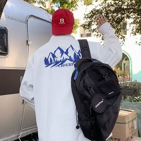 oversize潮流港风宽松春秋衬衫男长袖印花嘻哈情侣休闲开衫上衣服商品大图