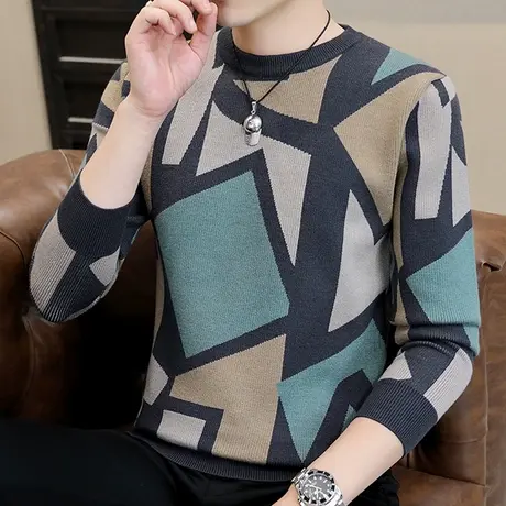 2023秋冬季加厚保暖毛衣男士韩版潮流几何图案撞色长袖针织打底衫图片