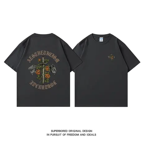 夏季美式复古潮牌剑与玫瑰纯棉短袖t恤男宽松休闲半袖体恤衫图片