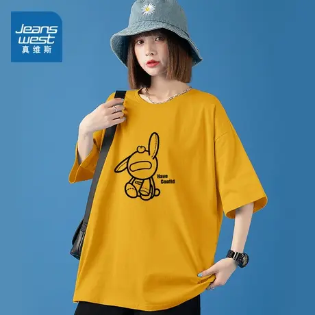 PJR真维斯女装夏季中长款纯棉圆领休闲卡通印花宽松短袖T恤上衣女商品大图