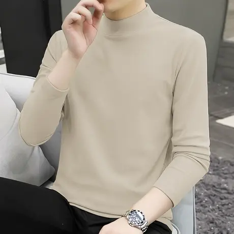 300g重磅德绒打底衫长袖t恤男半高领纯色秋衣中领内搭双面绒体恤商品大图