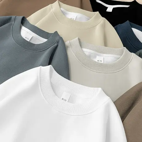 450g美式重磅卫衣男秋冬款加绒加厚长袖t恤摇粒绒圆领无帽上衣服图片