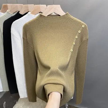 半高领毛衣女开叉打底衫2023秋冬新款套头外穿针织衫洋气内搭上衣商品大图