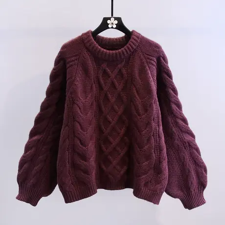 粗线麻花毛衣女冬季2023新款复古日系慵懒风加厚宽松套头针织上衣商品大图