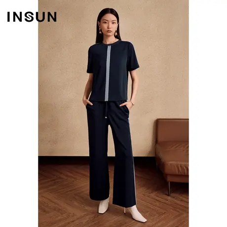 INSUN恩裳线上专选夏季条纹天蓝色休闲裤图片